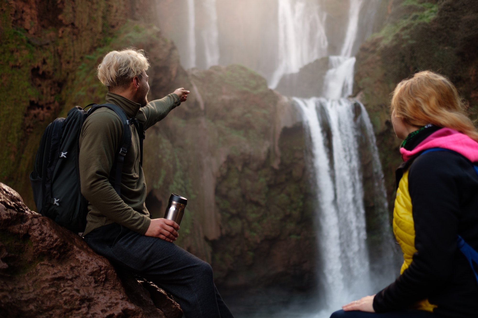 Adventurer couple near Ouzoud waterfall in Morocco