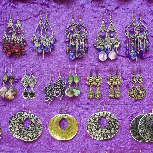 Earrings for sale in souks in Marrakech old Medina, Place Djemaa El Fna Square, Morocco, North Afric