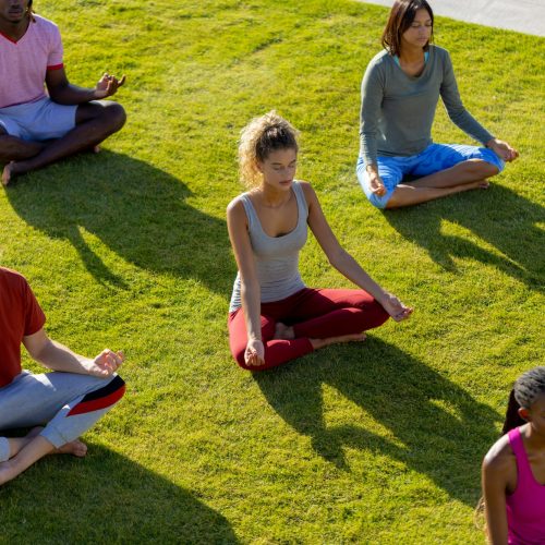 Group of diverse friends doing yoga and meditating in garden