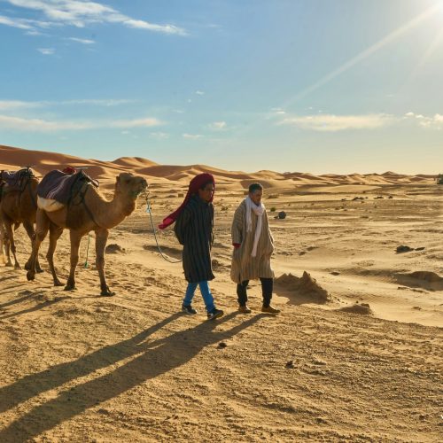 Marrakesh, Morocco - 31 December 2017: Camels and people going in desert