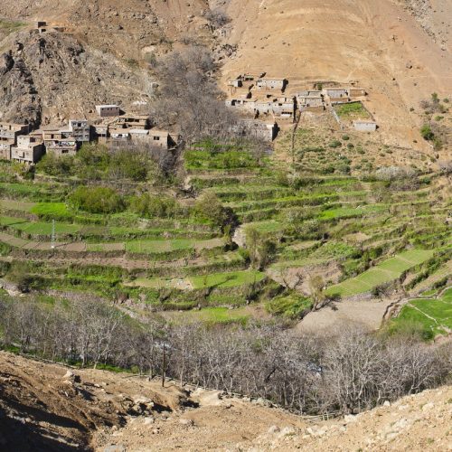 Panoramic photo of a Berber village at the foot of Tizi n Tamatert, High Atlas Mountains, Morocco, N