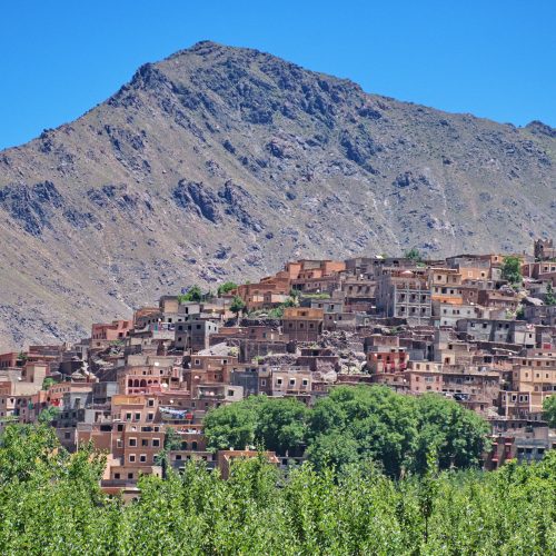 Townscape of Imlil in Morocco with High Atlas mountains in the background