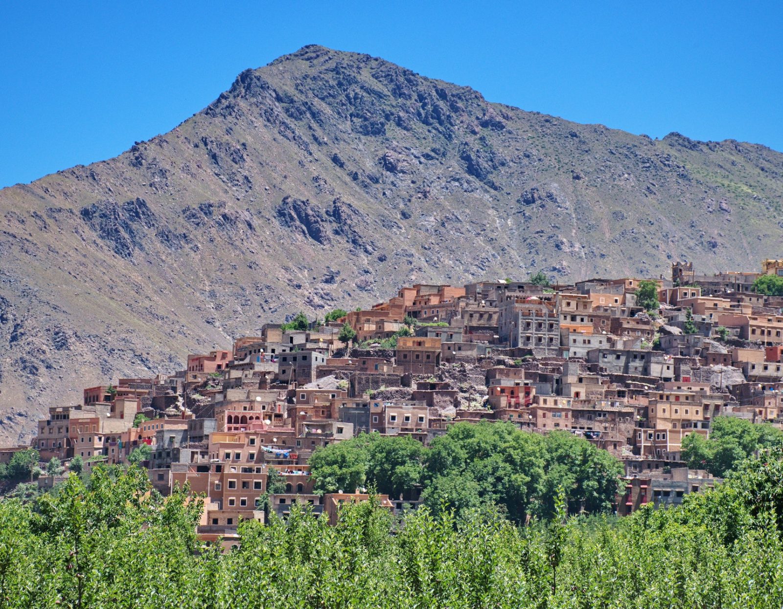 Townscape of Imlil in Morocco with High Atlas mountains in the background