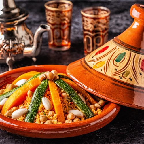 Vegetable tagine with almond and chickpea couscous.